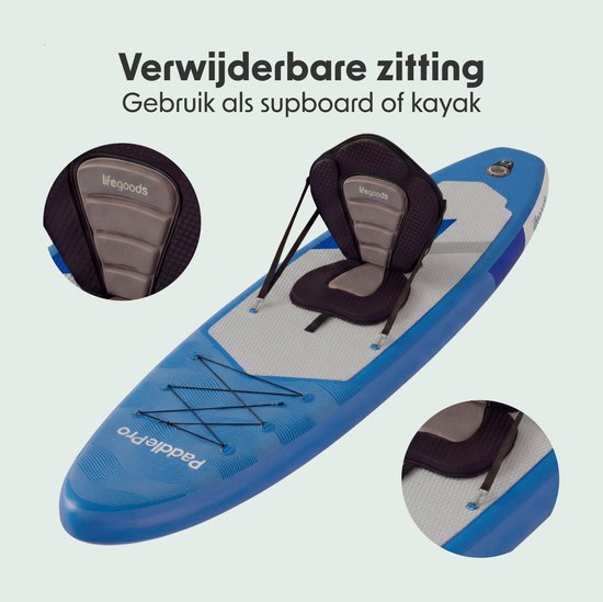 LifeGoods SUP Board All-round Compact - mit Sitz - 100 KG Tragfähigkeit - 300 x 76 cm - Aufblasbar - Komplettes SUP Paket - Blau