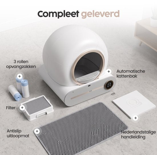 Infinity Goods Automatisches Katzenklo XXL – Selbstreinigendes Katzenklo – inkl. App – 75 l – mit Katzenklo-Matte und 3 Rollen Aufbewahrungsbeuteln – Weiß/Roségold