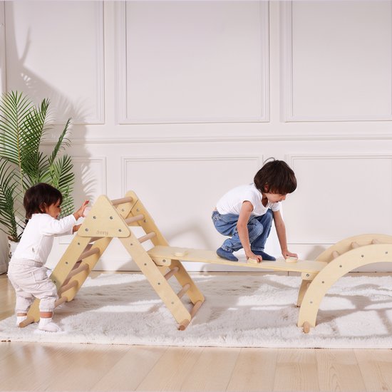 Sunny Charlie 3-in-1-Klettergerüst aus Naturholz – Montessori-Spielzeug – Kletterbogen – Kletterdreieck – FSC Mix
