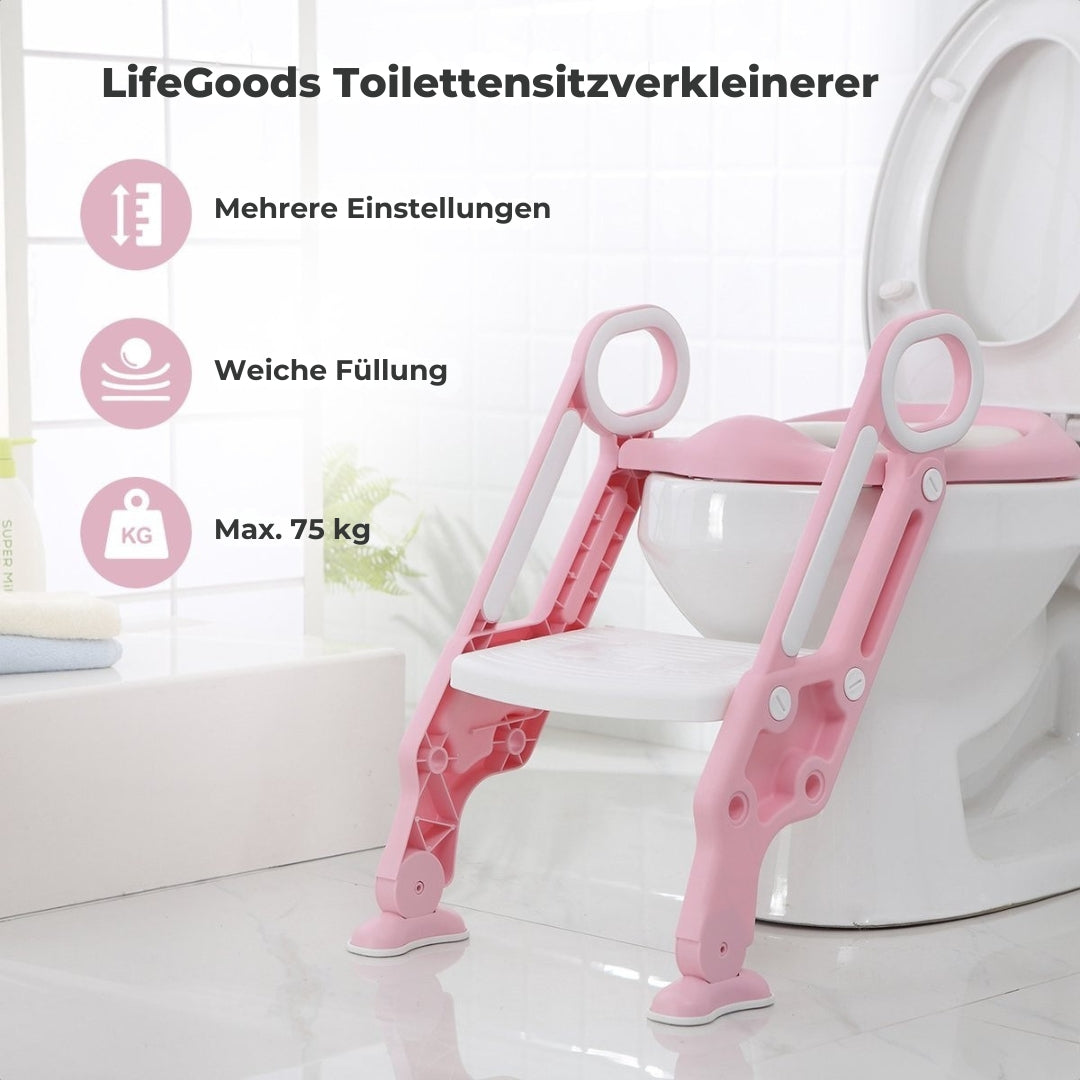 LifeGoods - Toilettensitzverkleinerer - Toilettentrainer mit Treppe - Töpfchen Kleinkind - 2 bis 7 Jahre - Rosa/Weiß