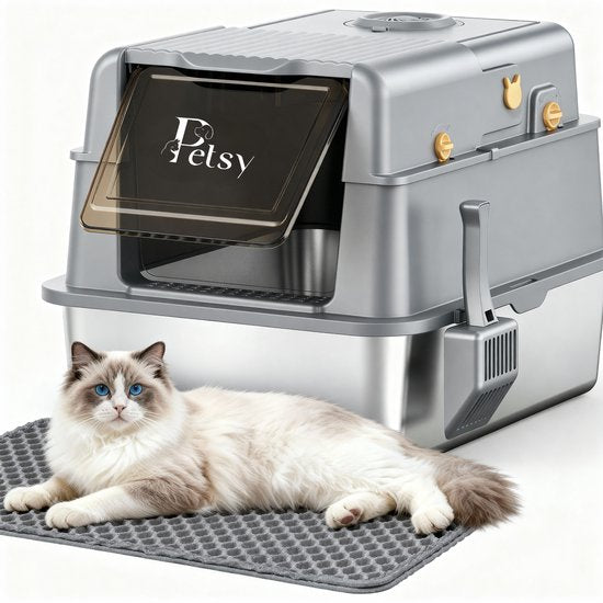Petsy® – Premium-Katzenklo aus Edelstahl Pro – XXL – inkl. Geruchsneutralisator – inkl. Katzenschaufel, Streuauffangbehälter und Auslaufmatte – für große und kleine Katzen – 37 l Fassungsvermögen – groß –
