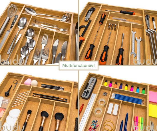 Budu Extendable Bamboo Cutlery Tray #47 (47 cm tief) - Besteckkassette Holz - Besteckschublade - 47 x 30.6 - 50 cm - 6/8 Fächer