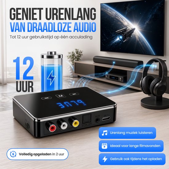 Strex Bluetooth-Sender und -Empfänger 3-in-1-Adapter – Bluetooth-Audio-Sender und -Empfänger – Bluetooth 6.0 – AUX/Cinch/Optisch – Drahtlos – 15 Meter Reichweite