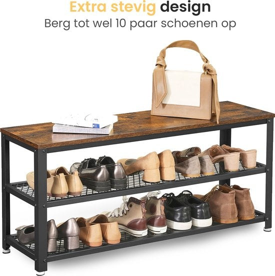 Goliving Schuhablage - Schuhbank - Flurbank - Industrial - 30 x 80 x 45 cm - Metall - Braunes Holz