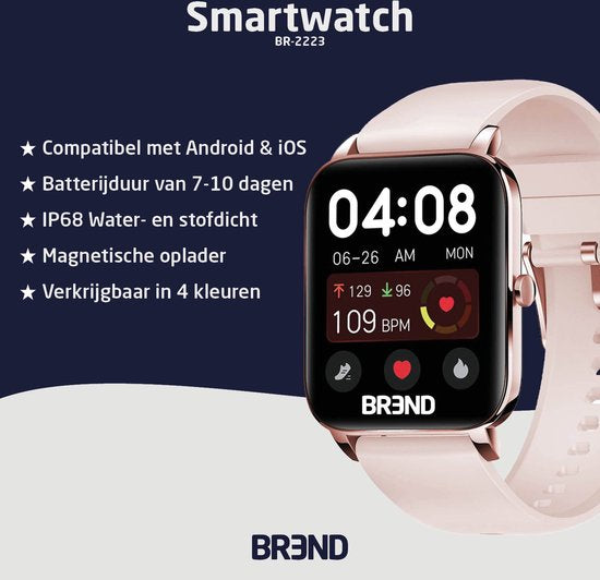 BREND Smartwatch für Frauen und Männer - Schrittzähler, Blutdruckmesser und Herzfrequenzmesser - Sportuhr - wasserdicht - Pink