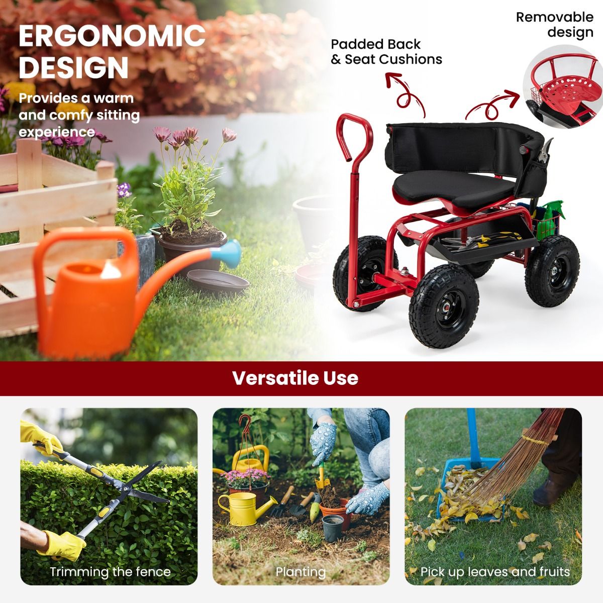 Coast Gartenwagen mit Rollsitz – ausziehbarer Griff – Stauraum – rot
