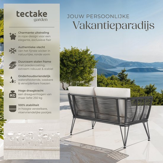 tectake® Wicker Lounge Bank - Kompakte Gartenbank mit dicken Polstern - Ideal für Balkon, Garten oder Terrasse - Stilvolle und bequeme Outdoor-Lounge-Bank - Seil-Design