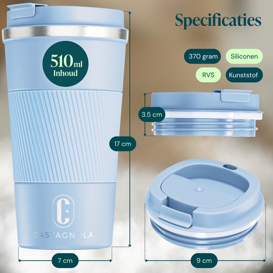 Castagnola Thermosbecher – Kaffeebecher zum Mitnehmen – Reisebecher für Kaffee und Tee – Teebecher – 510 ml – Edelstahl – Hellblau