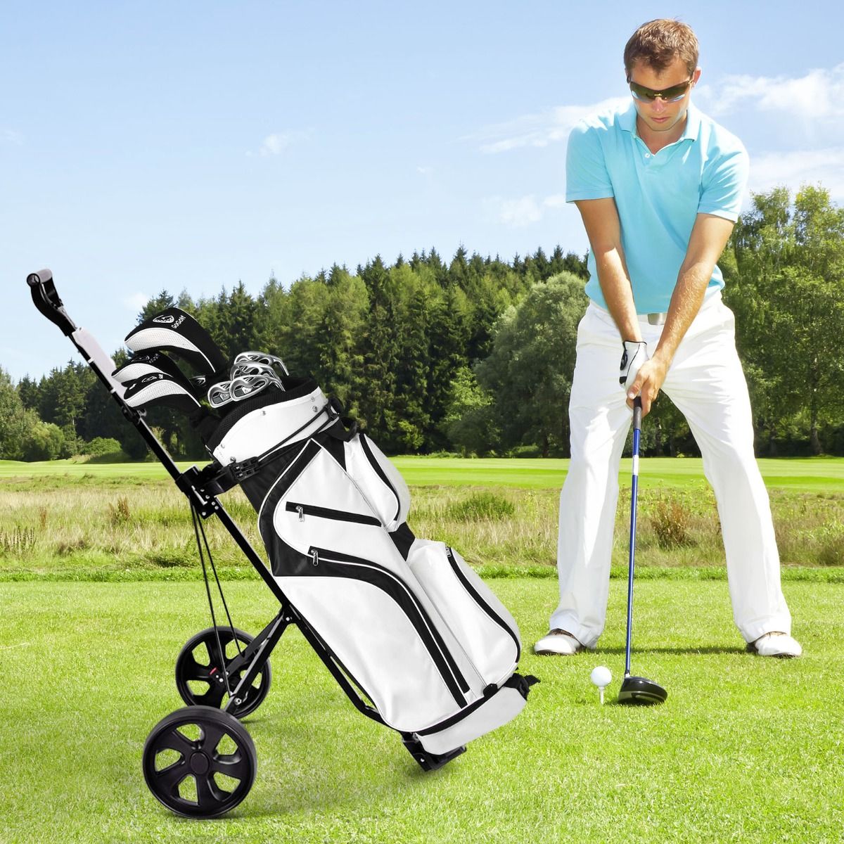 Coast Faltbarer 2-Rad-Golftrolley aus Stahl mit Scorekarten-Halter - Schwarz - 140 x 63,5 x 113 cm