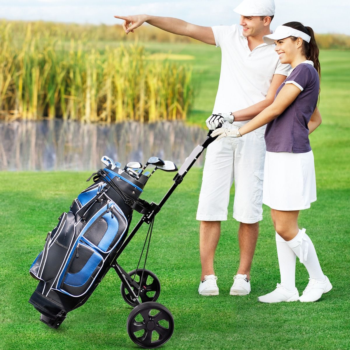 Coast Faltbarer 2-Rad-Golftrolley aus Stahl mit Scorekarten-Halter - Schwarz - 140 x 63,5 x 113 cm