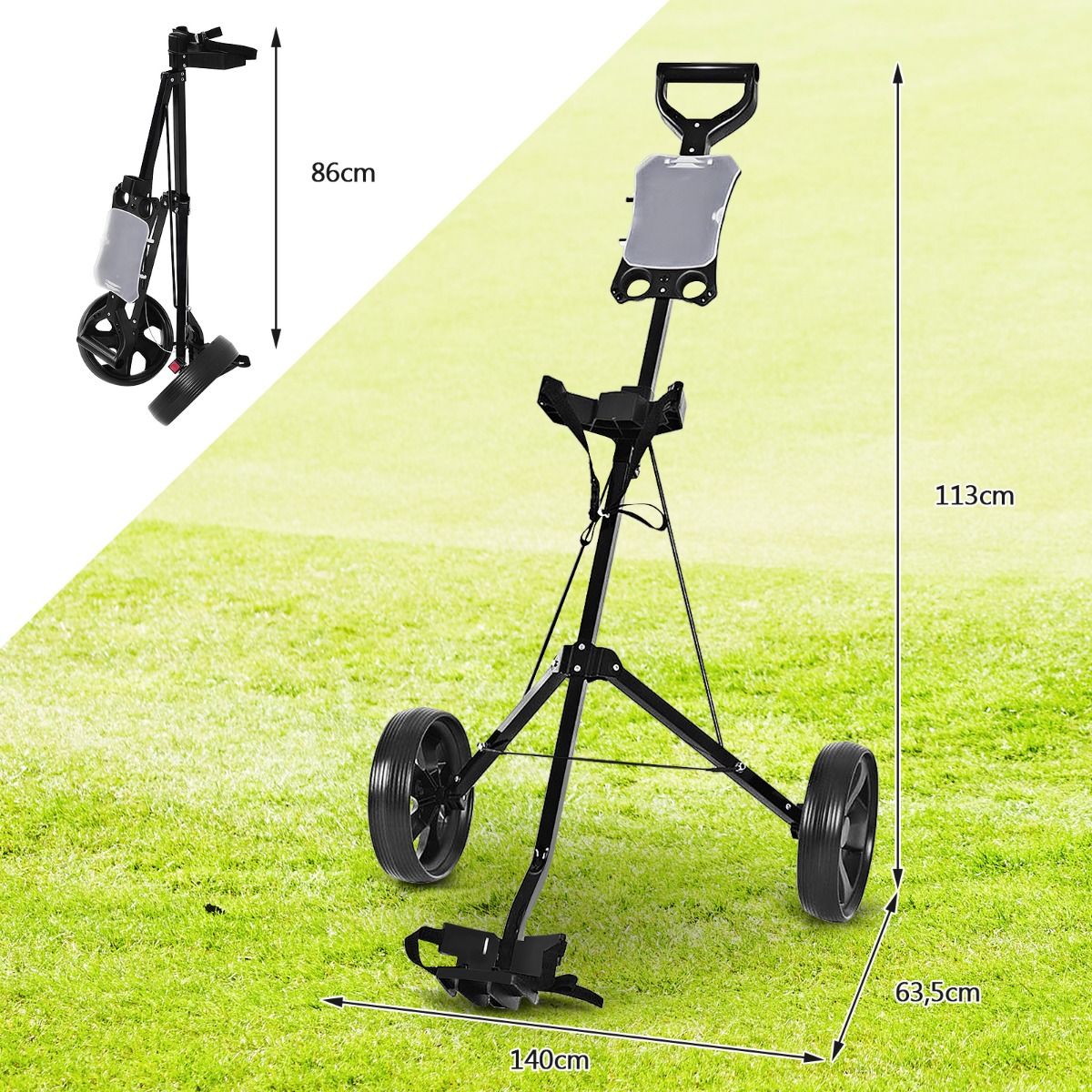 Coast Faltbarer 2-Rad-Golftrolley aus Stahl mit Scorekarten-Halter - Schwarz - 140 x 63,5 x 113 cm