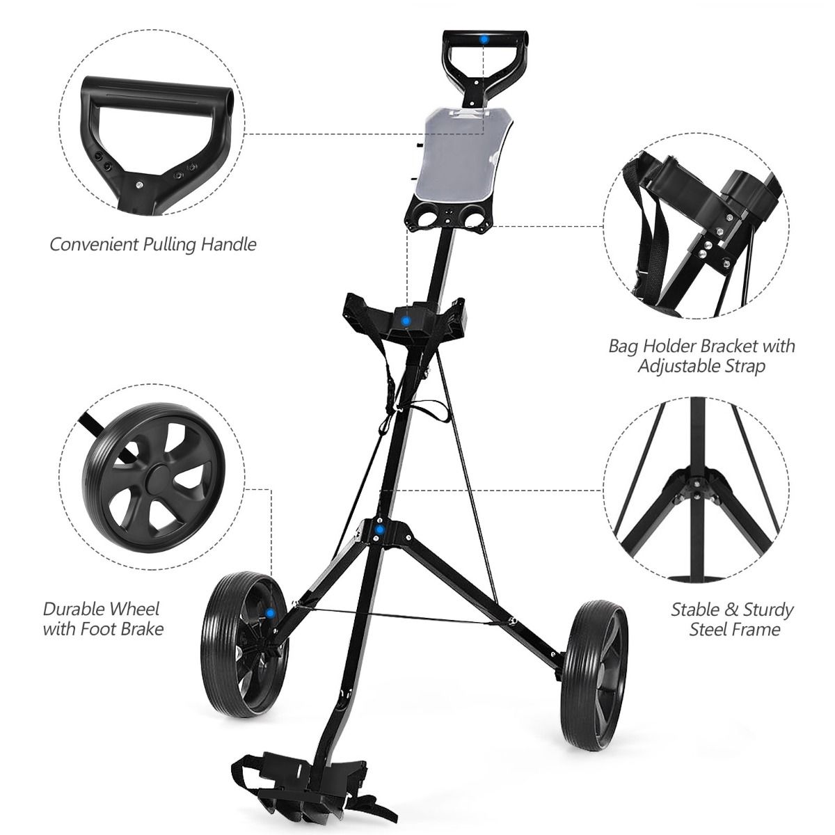 Coast Faltbarer 2-Rad-Golftrolley aus Stahl mit Scorekarten-Halter - Schwarz - 140 x 63,5 x 113 cm