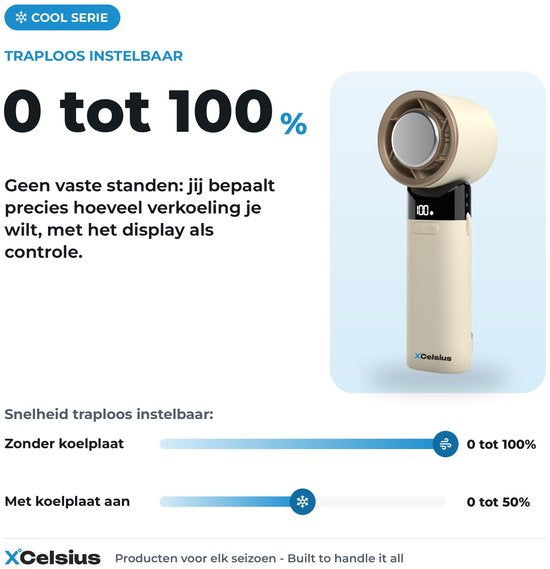 XCelsius® Handventilator – Tragbarer, zusammenklappbarer Mini-Ventilator – Über USB-C aufladbar – Stufenlos von 0 % bis 100 % einstellbar – Mit Sofort-Kühlplatte – Beige/Creme