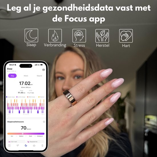 Focus® S2 Smart Ring - Gold - Größe 12 - AI Coach - Herzfrequenz - Menstruationszyklus - Schlafüberwachung - Recovery Score - Smart Ring - Sport Performance - Schrittzähler -IP68 Wasserdicht - O2 Messung - Frauen - Männer - Wearables - Ladeetui - Schutzri