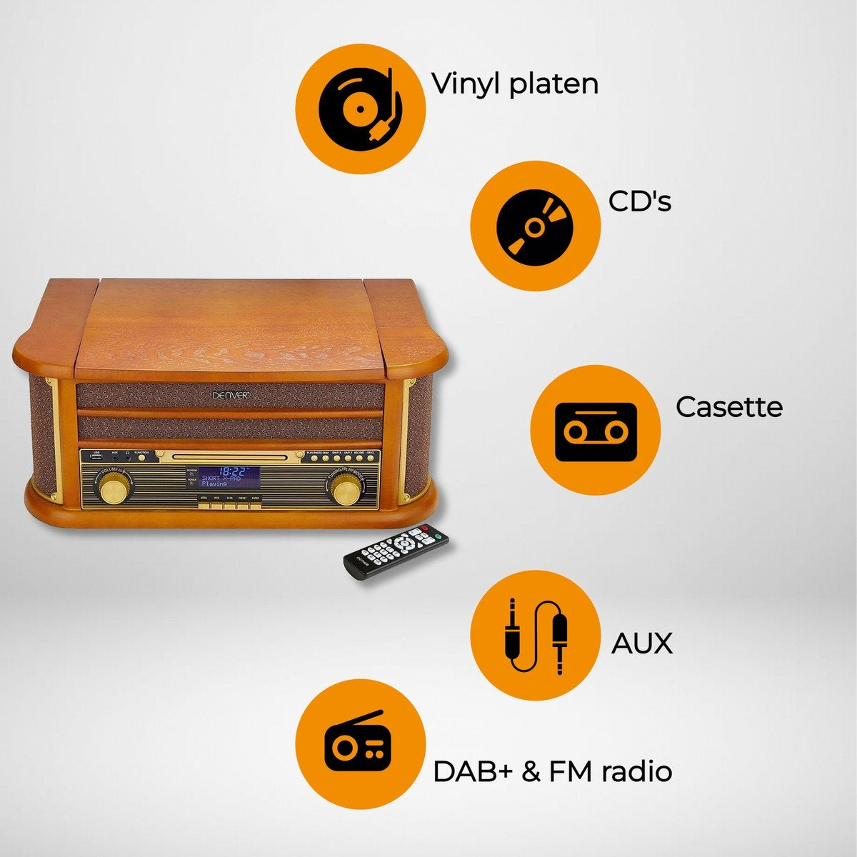 Denver Retro-Schallplattenspieler - Eingebaute Lautsprecher und Verstärker - DAB-Radio - Radio-CD-Player - MRD51 - Holz