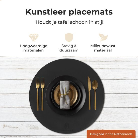 Castagnola Platzsets in Lederoptik - Runde Platzsets - Rutschfeste Kunstleder-Platzsets - Wasserabweisende Untersetzer - Untersetzer - 6 Stück - Durchmesser 38 cm - Schwarz