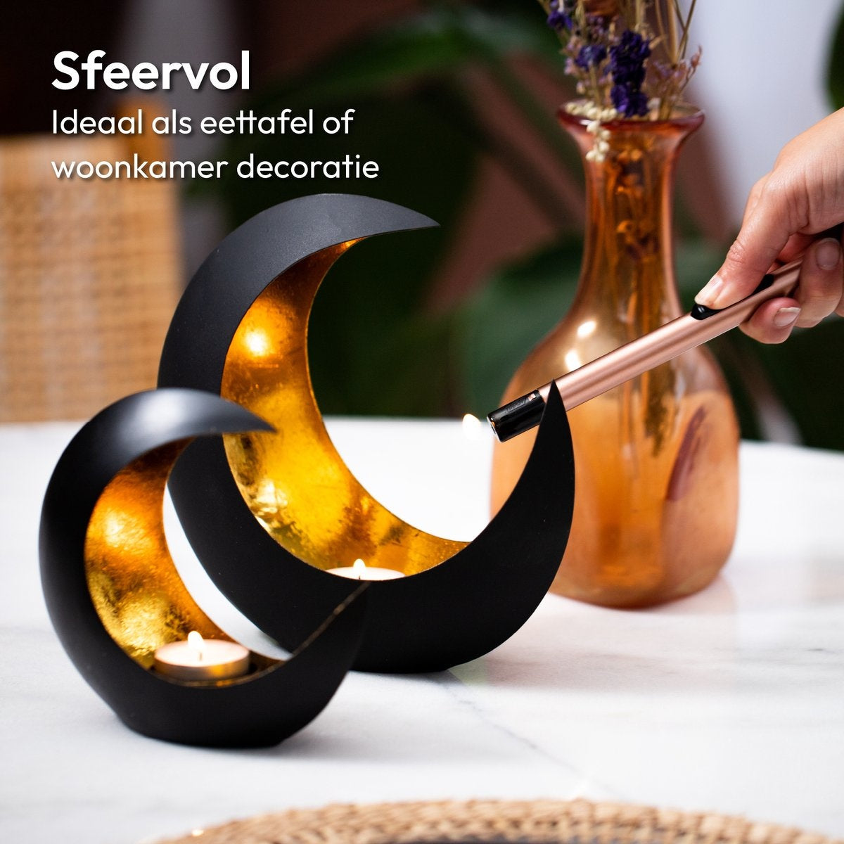 Gadgy - Teelichthalter Mond - 2er Set - 15 cm und 21 cm - Metall - Schwarz / Gold