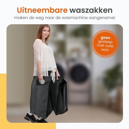 Goliving Wäschesortierer - Wäschekorb mit 3 Fächern - Wäschebox - Oxfort Textil/Metall/Holz - 3 x 38 Liter - 25 x 92,5 x 71 cm - Schwarz