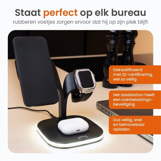 Goliving 5-in-1 kabellose Qi-Ladestation - Magsafe kabelloses Ladegerät - Geeignet für iPhone, Apple Watch & Airpods - Inklusive dimmbarem Nachtlicht und USB-Ausgang - 15W Schnellladegerät - Schwarz