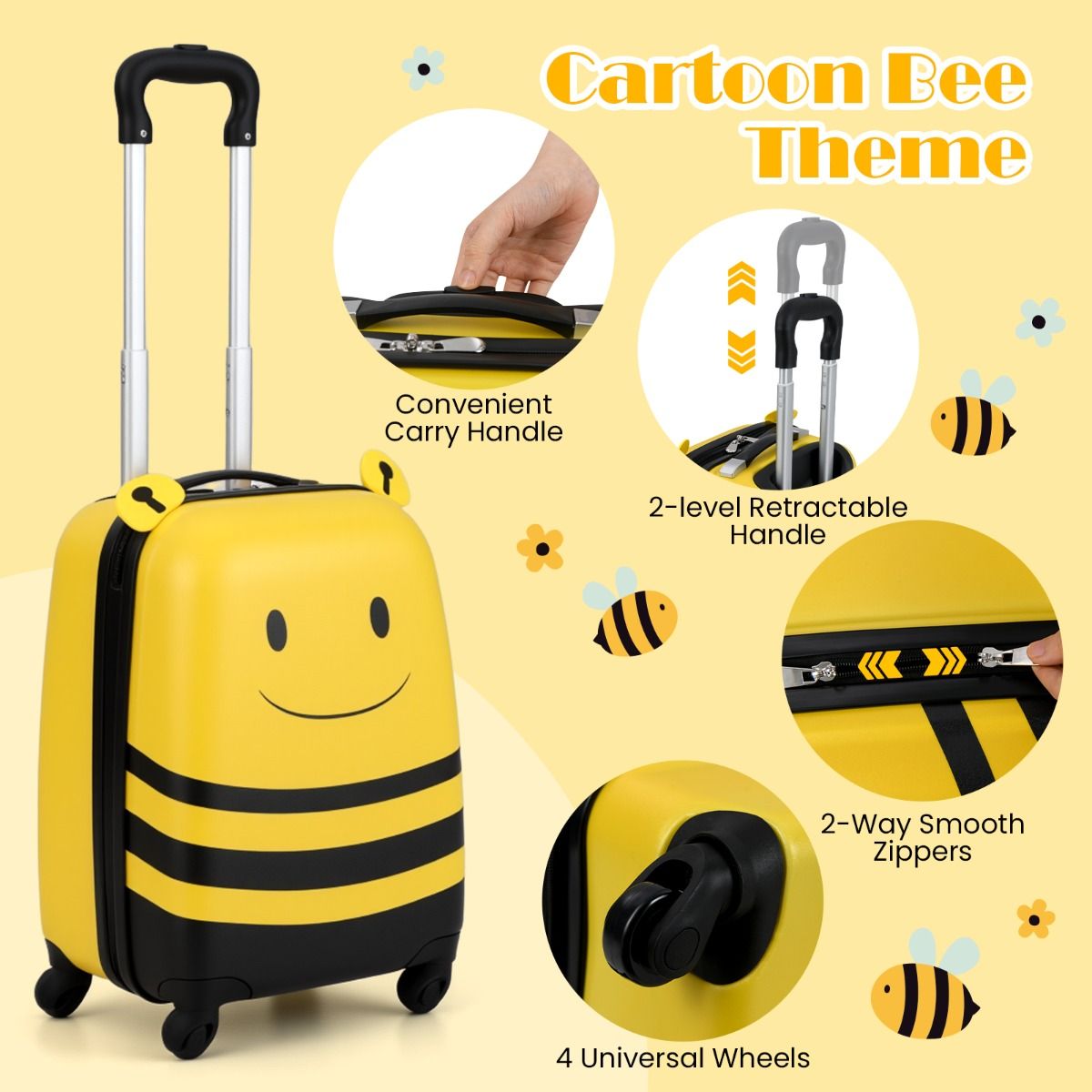 Coast Kinderkoffer- und Rucksack-Set – Bienenmotiv – Mit Rollen und Sicherheitsband – Gelb