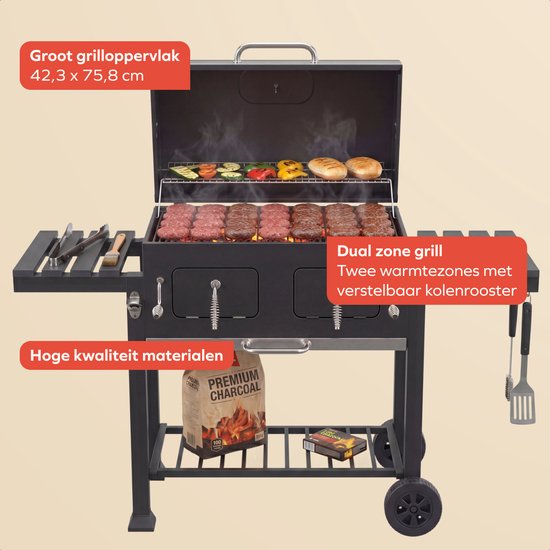 KitchenBrothers Holzkohle-Grill XL – Dual-Zone-Räuchergrill – Mit verstellbaren Kohlerosten und klappbaren Seitentischen – PFAS-frei – Grillfläche 42,3 x 75,8 cm – Schwarz