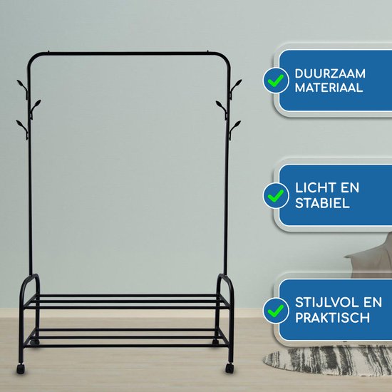 Vonia Kleiderständer 157 x 34 x 105 cm - Kleiderständer auf Rädern - Kleiderständer mit Schuhregal - Kleiderständer Metall - Garderobenständer - Schwarz