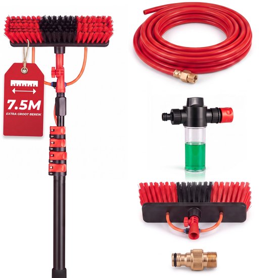 Infinity Goods Teleskop-Fensterreinigungsbürste 7,5 m – Fensterwischer – Fensterwischer – Seifenspender – Wasserdurchlauf – Schwarz/Rot