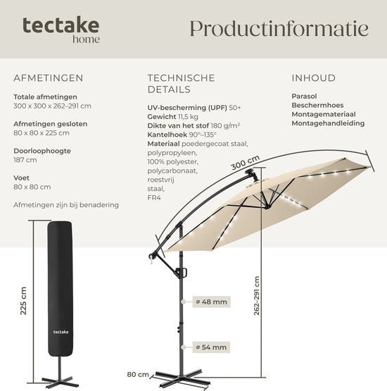 tectake® Schwebeschirm mit Sockel – 3 x 3 m – Gartenschirm mit solarbetriebener LED-Beleuchtung – drehbar – wasserabweisendes Polyester mit UV-Schutz – inklusive Schutzhülle – Beige