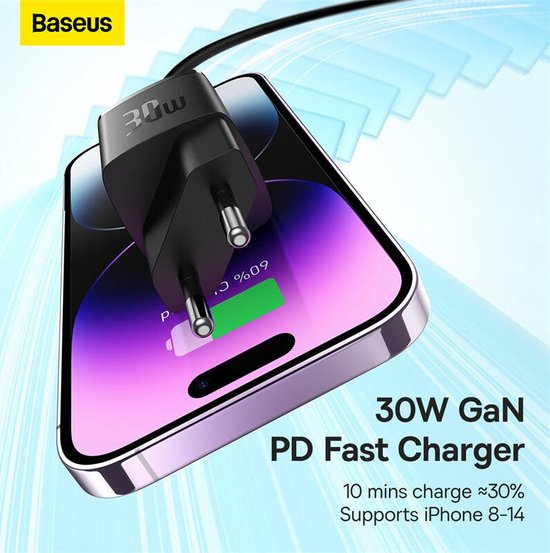 Baseus GaN5 30 W Kompaktes Schnellladegerät USB-C PD Schwarz