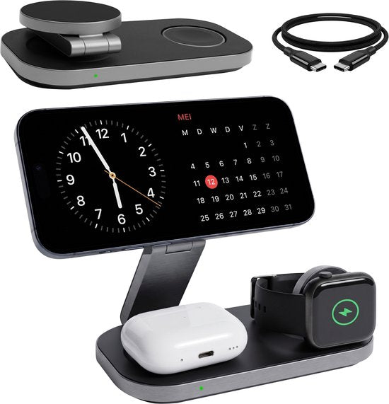Nuvance Kabelloses Ladegerät – 3-in-1 – 15 W – Ladestation – Schnellladegerät – Wireless Charger – Geeignet für Apple Smartwatch und Ohrhörer
