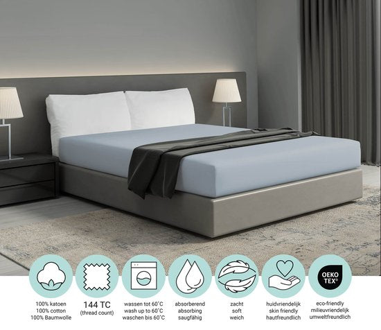 DoubleDry Spannbetttuch aus 100 % natürlicher Baumwolle – Doppelbett 180 x 200 cm – Weich und atmungsaktiv – Rundum-Gummizug – Hellblau
