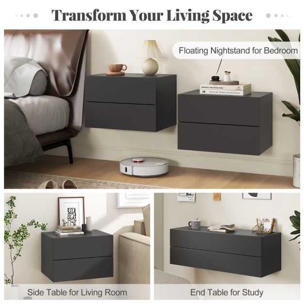 Coast Schwebender Nachttisch mit 2 Schubladen 42x30x28 cm - Grau - Moderner wandmontierter Nachttisch