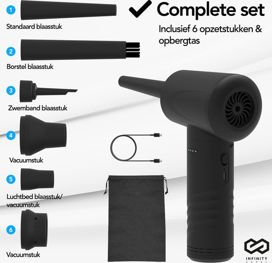 Infinity Goods 4-in-1 Luftgebläse - Druckluft - 53K RPM - Blasen und Saugen - Druckluft - Kabellos und wiederaufladbar - Schwarz
