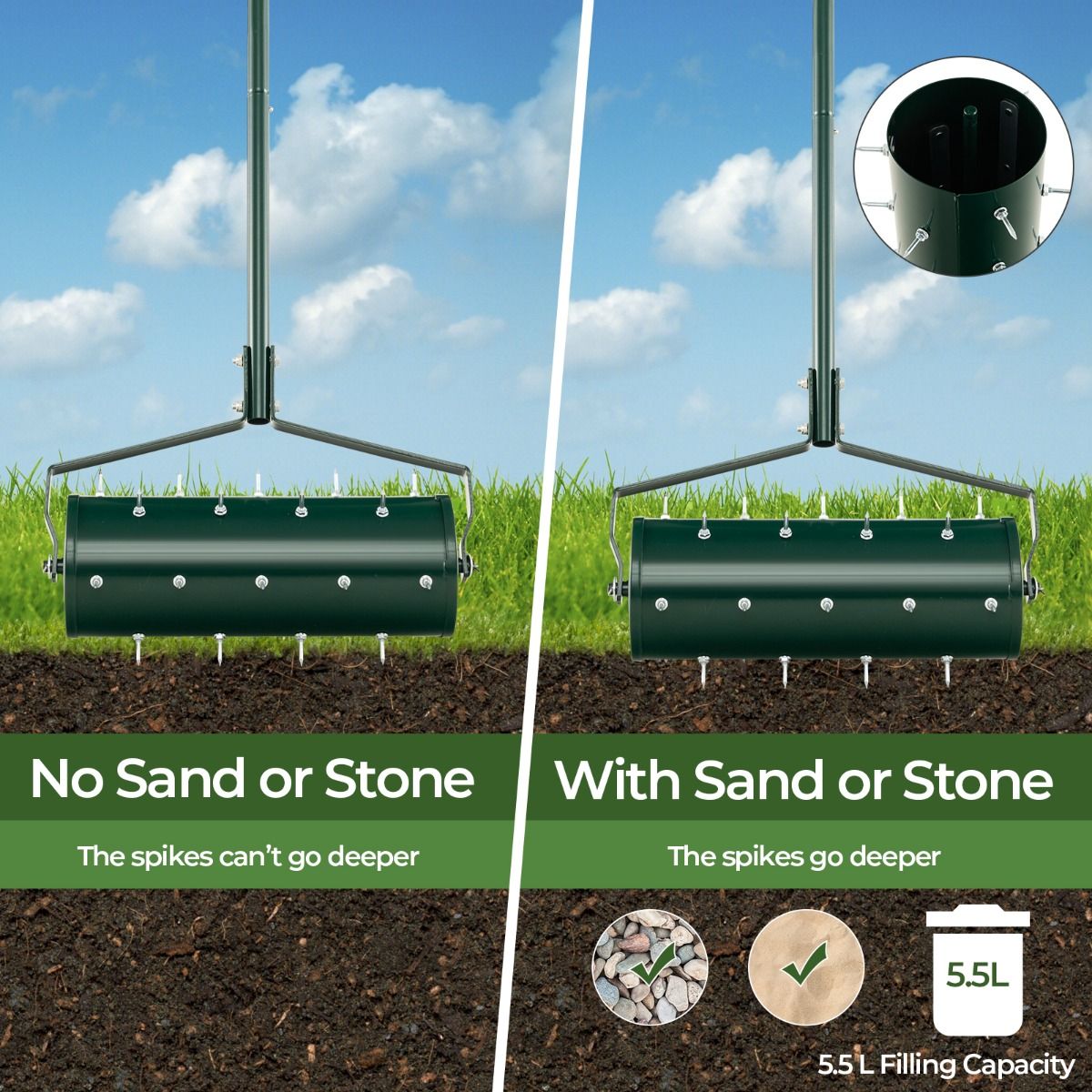 Coast Lawn Aerator Manual 44 x 128 cm - Grün - Rollende Rasenwalze mit Nägeln und Griff