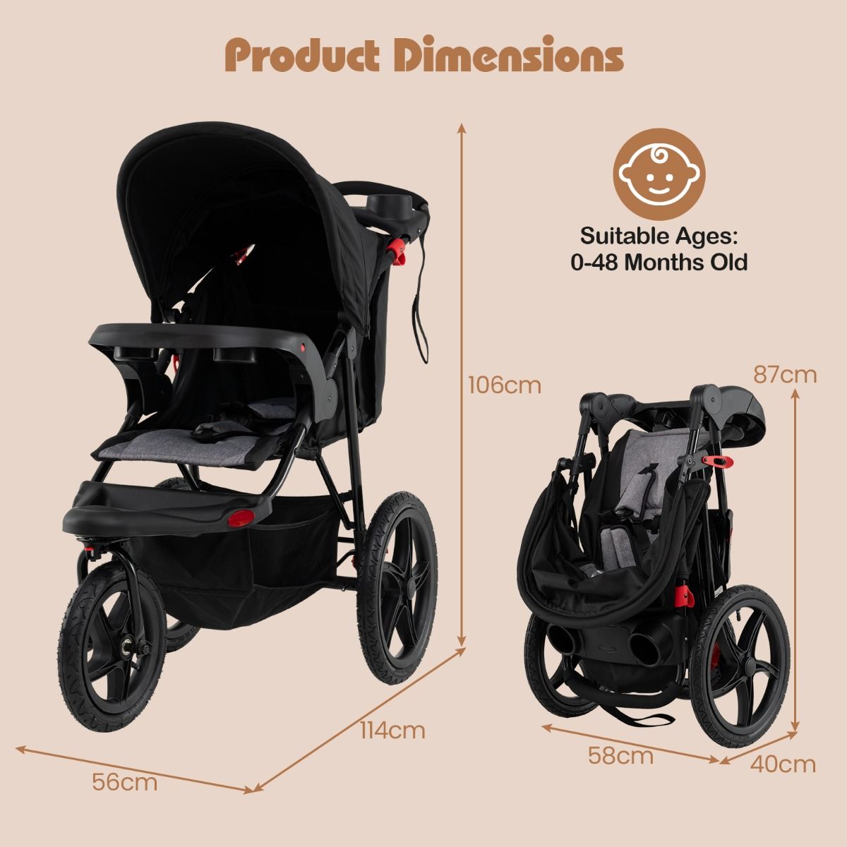 Coast Jogging-Kinderwagen – Zusammenklappbarer Kinderwagen – Verstellbares Sonnendach – Neigbarer Sitz – Schwarz