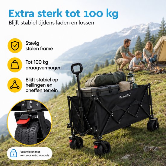 BRASQ Klappbarer Handwagen – 165 Liter – 100 kg Tragkraft – Schwenkbare Räder mit Bremse – 90 x 52 x 110 cm – Verstellbarer Griff – Zusammenklappbarer Handwagen – Schwarz
