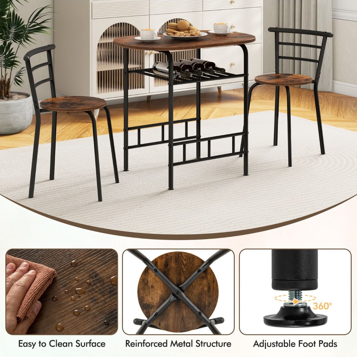 Coast Küchentisch und Stuhl Set für 2 Personen - Ovaler Tisch 80x53x77 cm mit 2 Stühlen, Weinregal, MDF und Metall, Braun/Schwarz