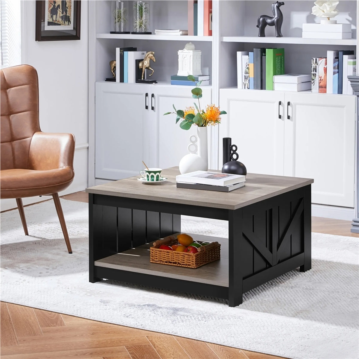 Yaheetech Couchtisch Quadratisch - 80 x 80 x 45 cm - Mit geräumigem Ablagefach und Scheunentür Design und Holzmaserung Furnier - Für Wohnzimmer und Sitzbereich - Grau E1 MDF