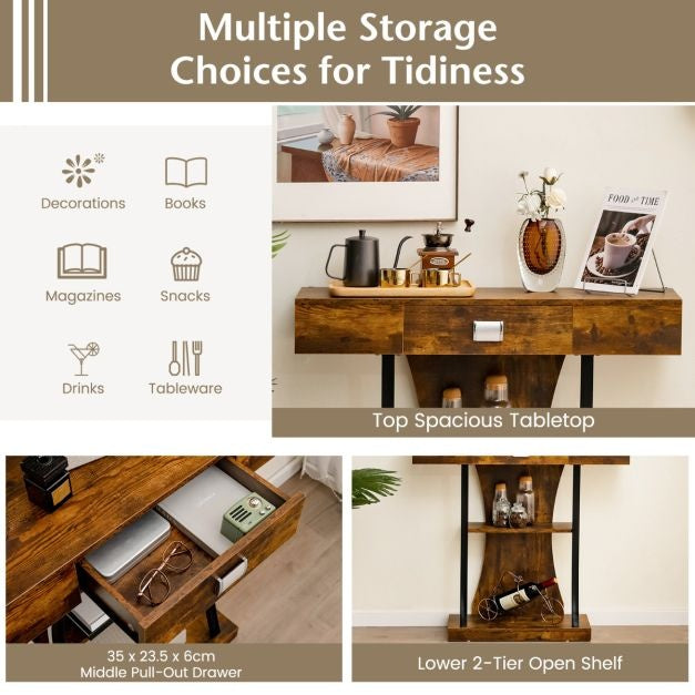 Coast - T-förmiger Konsolentisch mit Schubladen - 2 Ablagen - Industriedesign - Rustikales Braun