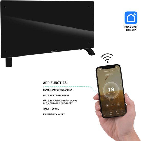 VONROC Luxury electric heater - Konvektorheizung mit Glasscheibe - 1250W/2500W- Beheizt Räume bis zu 30m2 - Gesteuert sowohl mit App (über Wifi) als auch manuell - Einstellbarer Thermostat und Timer - Schwarz
