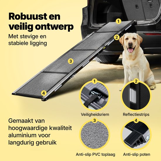 Jake und Jacky Hundetreppe für das Auto – Zusammenklappbare Hundetreppe – Rutschfeste Treppe für große Hunde – Zusammenklappbar – Reflektierend – 180 x 55 cm – Gewicht bis zu 70 kg