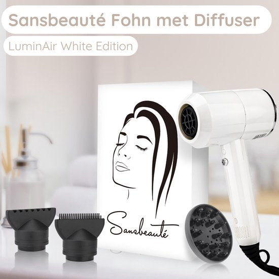Sansbeauté® Haartrockner mit Diffusor - Ionen-Haartrockner - Bürste - Reisehaartrockner - 3 Aufsätze - Locken - Coolshot - 3 Stufen - Haartrockner mit Diffusor - Haartrockner - 2000W - Weiß