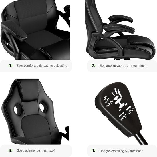 tectake - Bürostuhl Gaming Stuhl - Luxus Schreibtischstuhl Bürostuhl - Rennstuhl Schreibtischstuhl Gaming Stuhl Tyson - schwarz