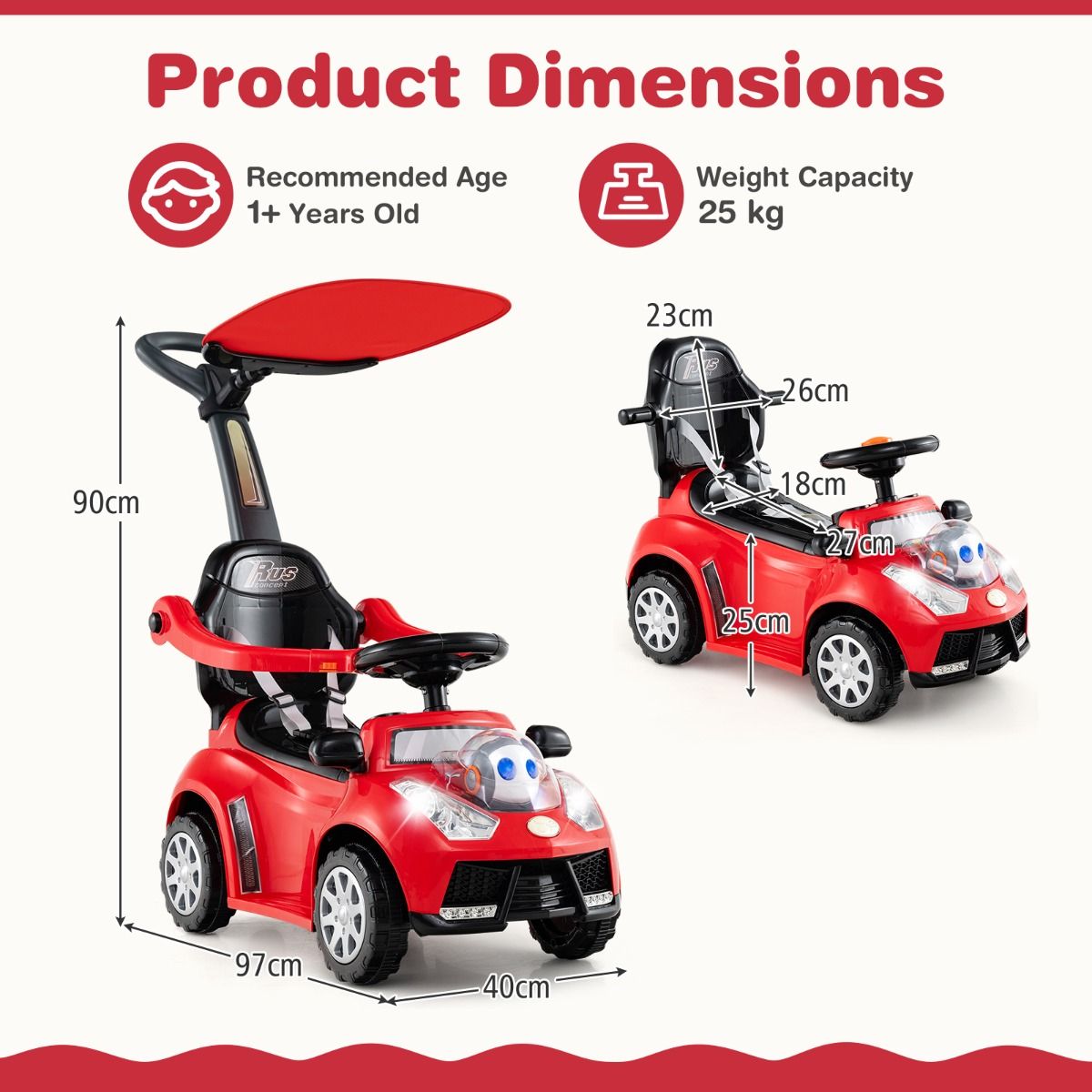 Coast 3-in-1-Laufwagen mit Schiebestange – Stauraum – verstellbarer Sonnenschutz – rot