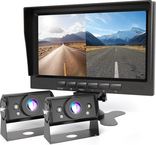 Strex - Rückfahrkamera-Set - 2 Kameras - HD 1080P - 7" Bildschirm - 18LED Nachtsicht 15m - IP69 Wasserdicht - Schwarz