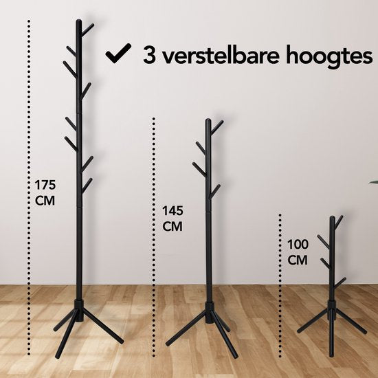 Brixy Garderobe - Stehende Garderobe - 8 Haken - 175 cm - Garderobe Holz - Garderobenständer - Schwarz
