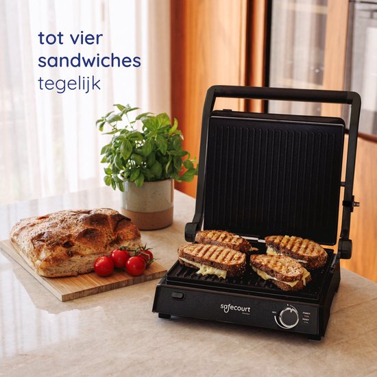 Safecourt Kitchen - Contact Grill 3-in-1 - Toaster, Toaster & Grillplatte - Abnehmbare Platten - PFAS-frei - Schwarz