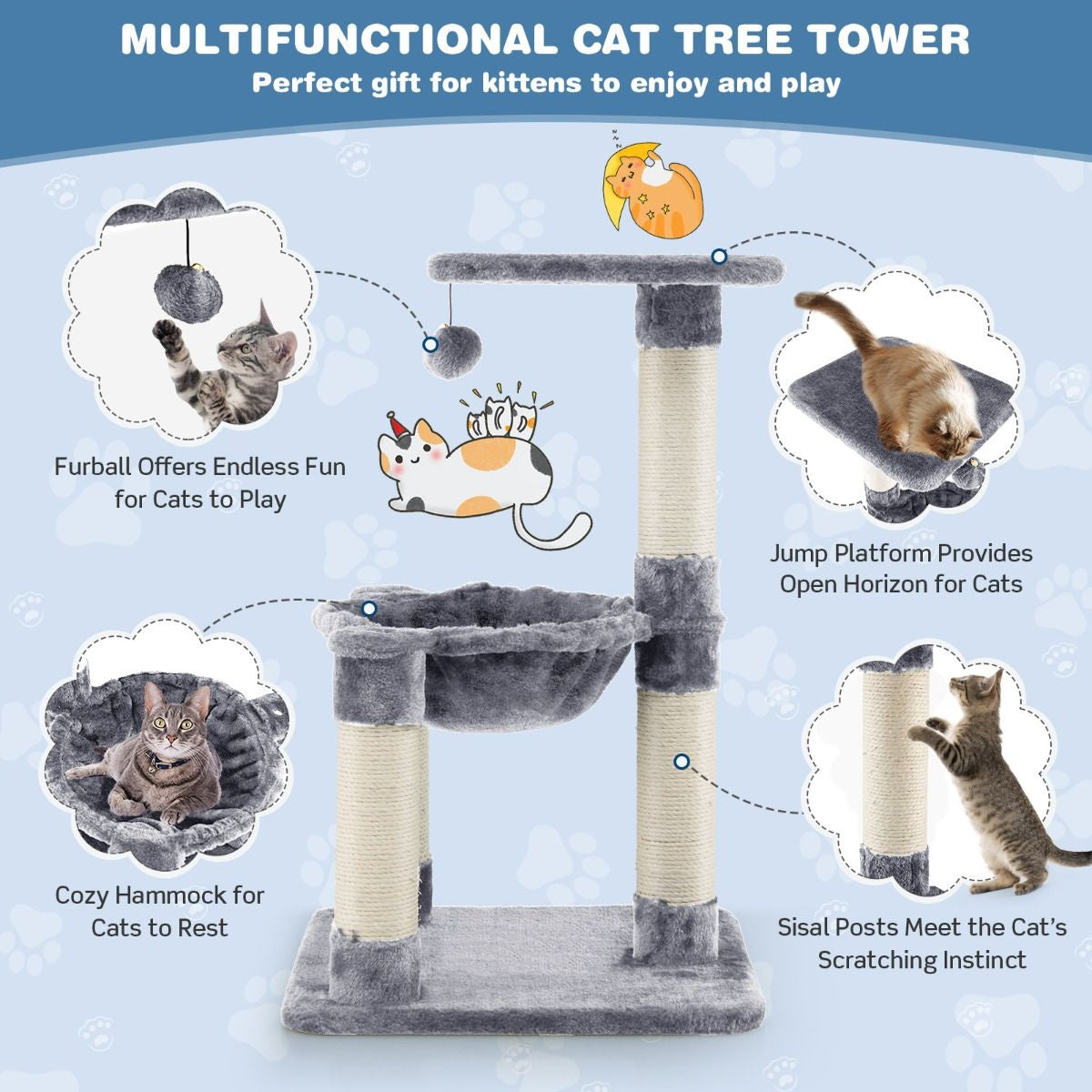Coast Multi -Storey Scratching Post Soft Wrapped Kratzbaum mit einer gemütlichen Hängematte grau