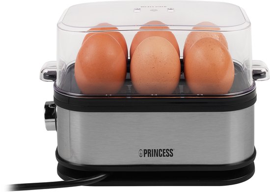 Princess Eierkocher 262046 – für 1 bis 6 Eier – 400 W – Edelstahl – Hart, weich und mittel gekocht – Timer – Inklusive Messbecher und Eierstecher