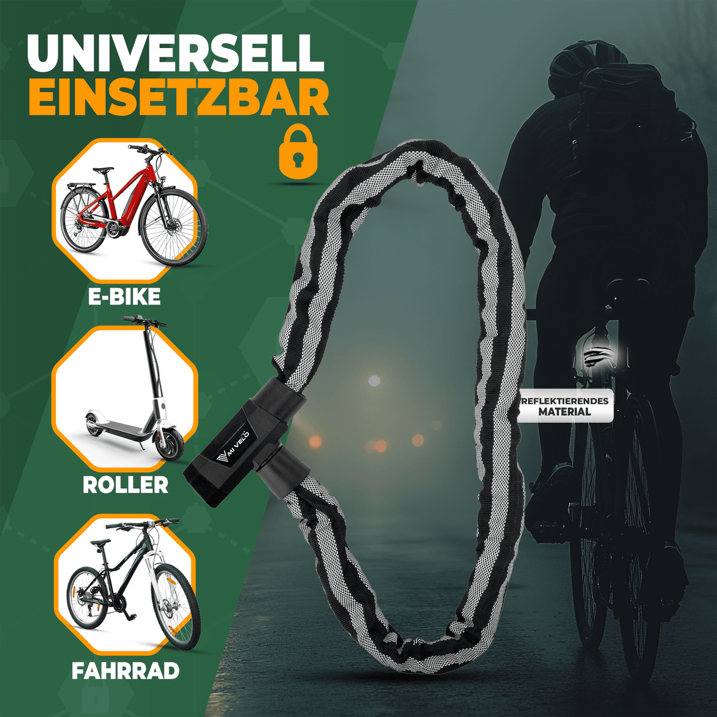 MIVELO Kettenschloss für Fahrräder - Mit Schlüsselschloss und LED - 100 CM - Edelstahl